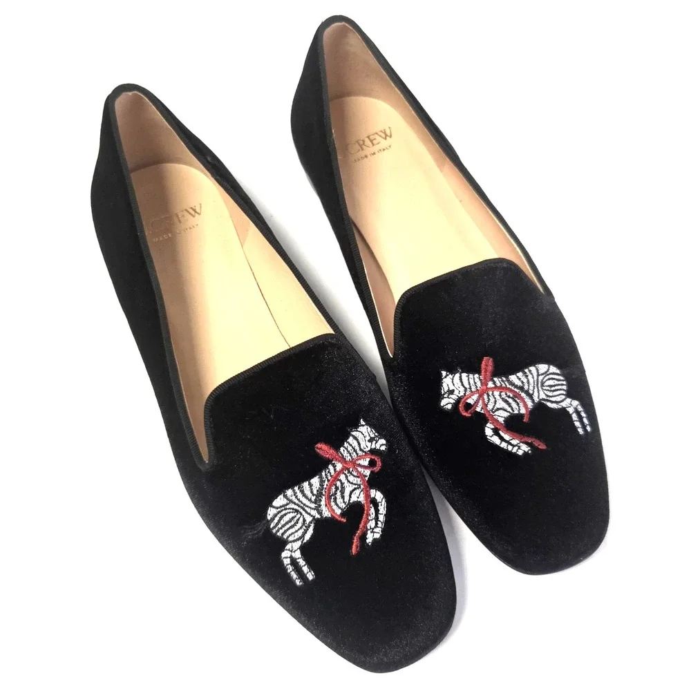 J. Crew Smoking Loafers 9 Zebra Embroidered Red Bow Black Velvet Made Italy NWOB